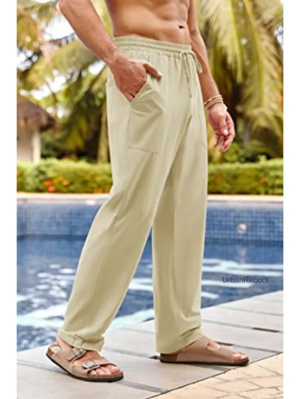Men's Cotton Linen Pants Elastic Waist Drawstring Straight-Leg Loose Yoga